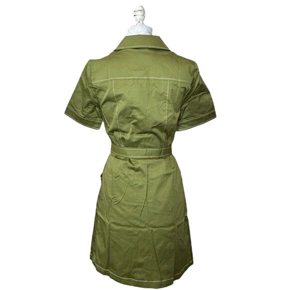 Modcloth Retro Mini Shirt Dress Belted Button Up Short Sleeve Green Women 2 NWT - Picture 3 of 11